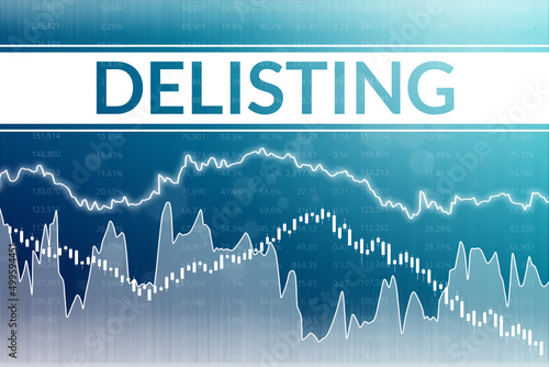 Word Delisting on blue finance background. Global economy concept