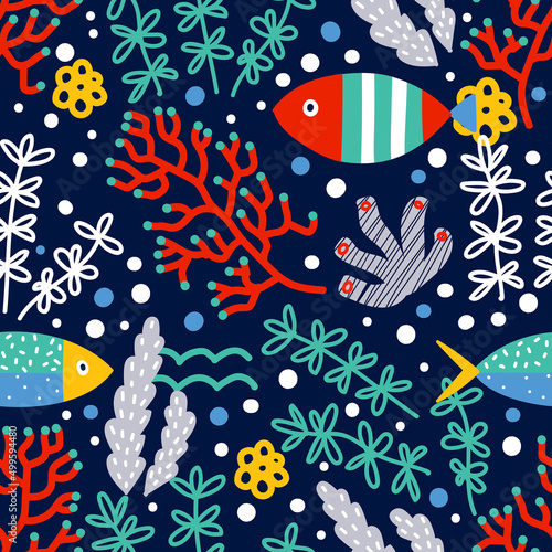 Seaweed and fish. Decorative seamless pattern. Can be used in textile industry, paper, background, scrapbooking.