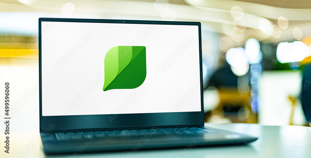 Laptop displaying logo of microsoft sustainability calculator stock