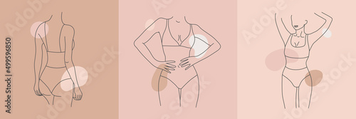 Vector set of woman body line art illustration. Minimalist linear female figures, lingerie posters, cards, social net posts. Abstract nude sensual line art. Women body silhouettes, nude colors