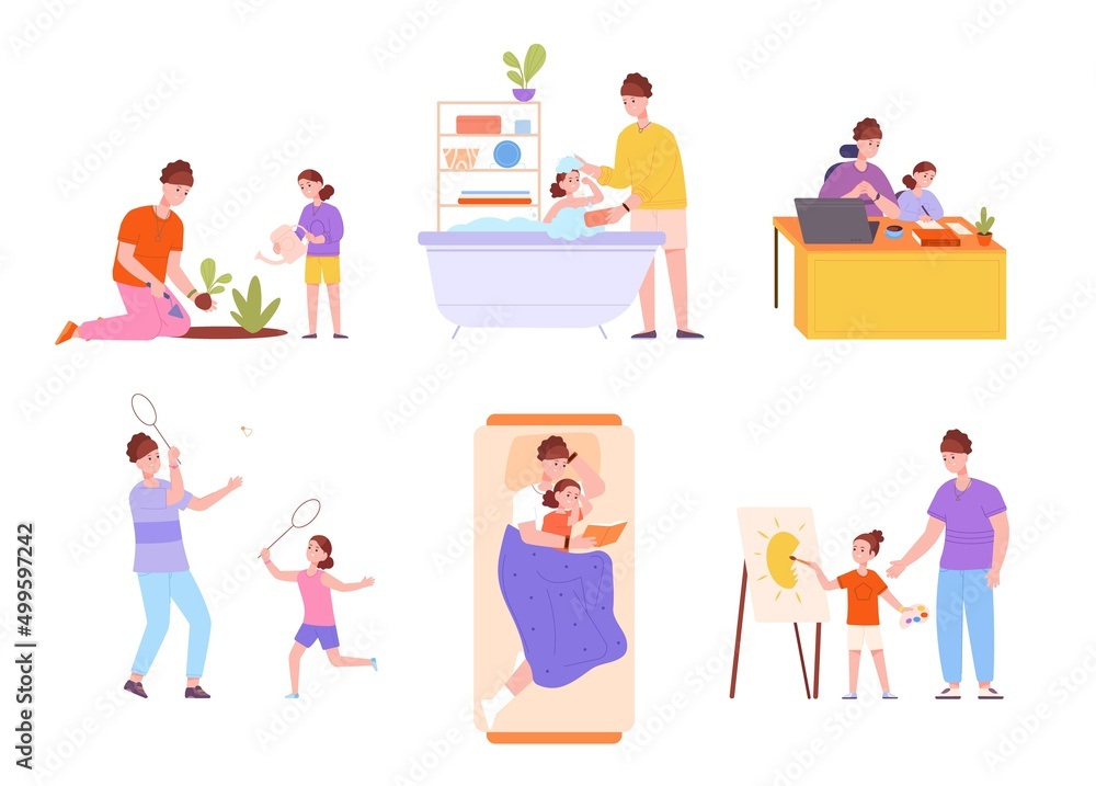 Daily mother. Parent disciplining learning kid care hygiene, child thanks, baby playing painting mom, motherhood discipline exercise education, cartoon splendid vector illustration Daily mother. Parent disciplining learning kid care hygiene, child thanks, baby playing painting mom, motherhood discipline exercise education, cartoon splendid vector illustration