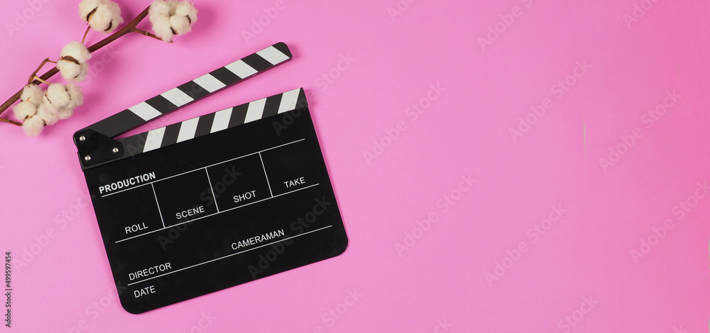 Black Clapper board and cotton flowers on pink background.