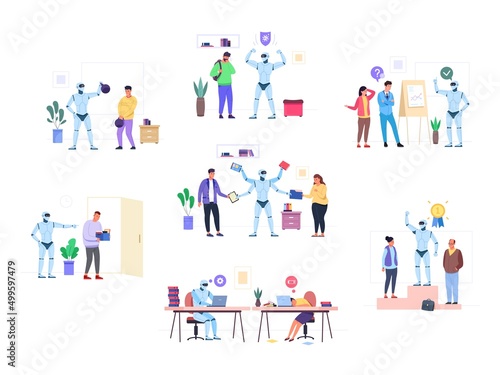 Human versus robot. Artificial intelligence cyber challenge, confrontation man vs ai, future technology working robots replace tired people