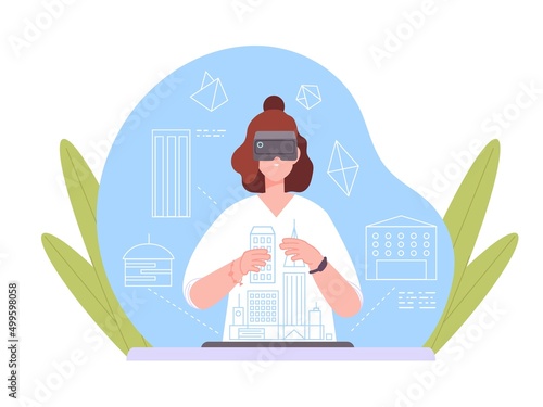 Vr construction. Virtual engineering hologram model building skyscrapers design, woman in augmented reality glasses, digital simulation architecture, splendid vector illustration