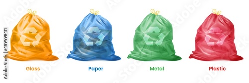 Realistic separate trash. 3D plastic sacks waste bag for util kitchen garbage, utility separators eco collect recycle environment rubbish handles package, tidy vector illustration