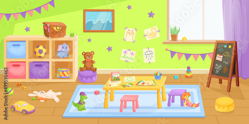 Kindergarten toy room. Kid classroom, cartoon nursery preschool daycare, play game child toys indoor playground interior, childish painting at wall playroom exact vector