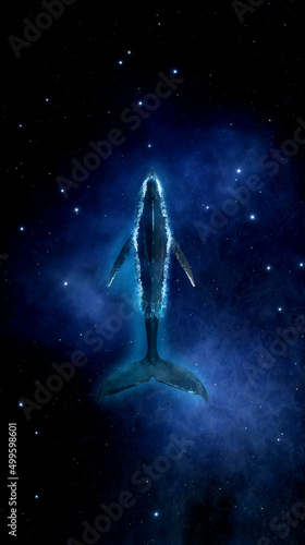 Big whale swims in deep space of stars, nebulae and galaxies. Fantasy landscape cosmos diving blue whale in starry sky. 3d render photo
