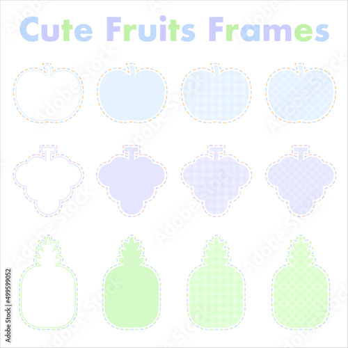 set of cute fruits frames, apple, grapes, pineapple, blue, purple, green, (The inside are white base)  果物フレームセット　りんご　ぶどう　パイナップル　チェック　水玉　白地ベース