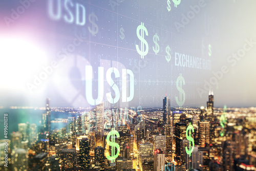 Double exposure of virtual USD symbols hologram on Chicago city skyscrapers background. Banking and investing concept