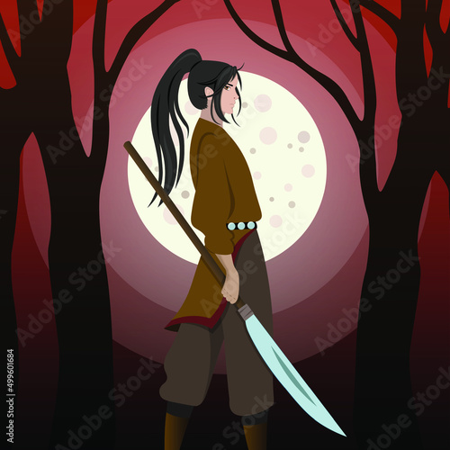 Sakha botur in anime style. Male with long hair. Man with batas. Yakut warrior vector illustration. Turkic soldier. Asian warrior in moonlight. Sakha man with traditional weapon. Lonely warrior.