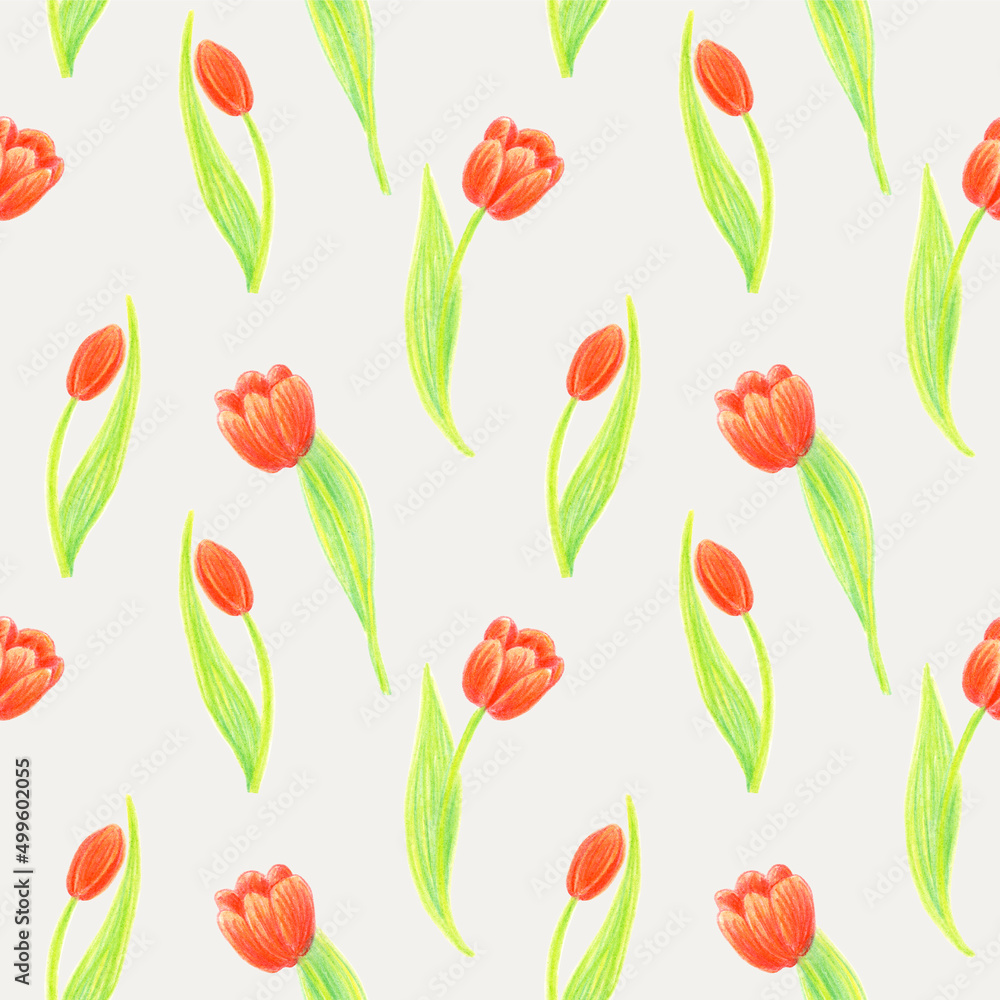 Seamless pattern of tulip flowers drawn with wax crayons on a cloud dancer background. For fabric, sketchbook, wallpaper, wrapping paper. Seamless pattern of tulip flowers drawn with wax crayons on a cloud dancer background. For fabric, sketchbook, wallpaper, wrapping paper.