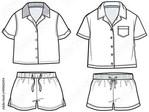 boys short sleeve shirt and shorts resort wear set fashion flat sketch vector illustration