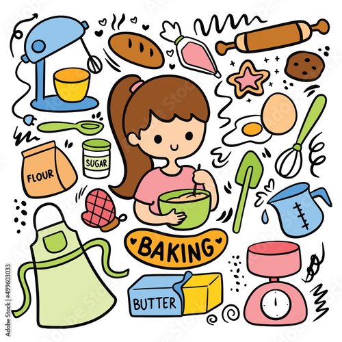 Kawaii hand drawn baking equipment doodle vector illustration