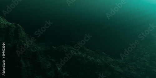 Rugged Landscape Terrain Underwater Dark Scene. Lake or Ocean Water. 3d Rendering Art Background. Sunny Sunrays.