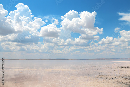 Beautiful landscape with Salt Lake Tuz  Tuz Golu . Second largest salt Lake in Turkey