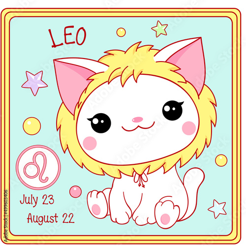 Zodiac Leo sign character in kawaii style. Square card with cute little white kitty and Zodiac symbol, date of birth. Cartoon baby cat and Zodiacal card. Vector illustration EPS8