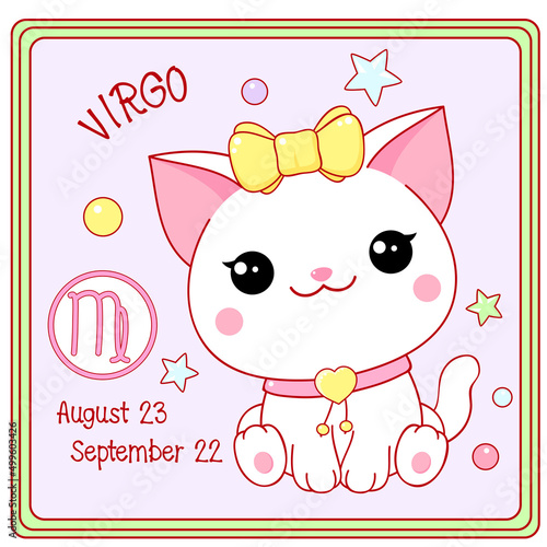 Zodiac Virgo sign character in kawaii style. Square card with cute little white kitty and Zodiac symbol, date of birth. Cartoon baby cat and Zodiacal card. Vector illustration EPS8