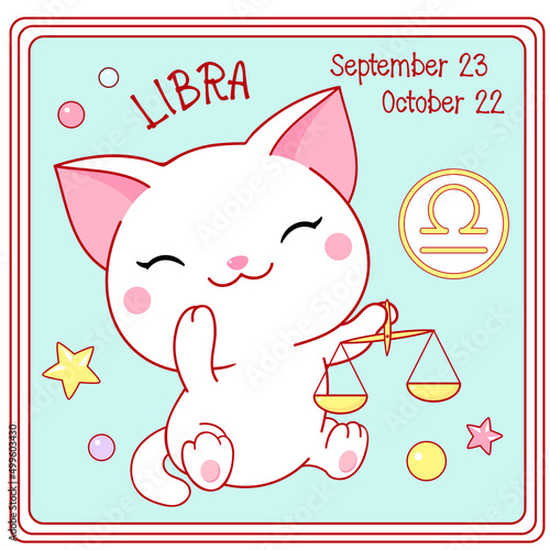 Zodiac Libra sign character in kawaii style. Square card with cute little white kitty and Zodiac symbol, date of birth. Cartoon baby cat and Zodiacal card. Vector illustration EPS8