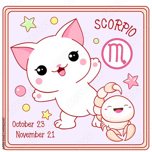 Zodiac Scorpio sign character in kawaii style. Square card with cute little white kitty and Zodiac symbol, date of birth. Cartoon baby cat and Zodiacal card. Vector illustration EPS8