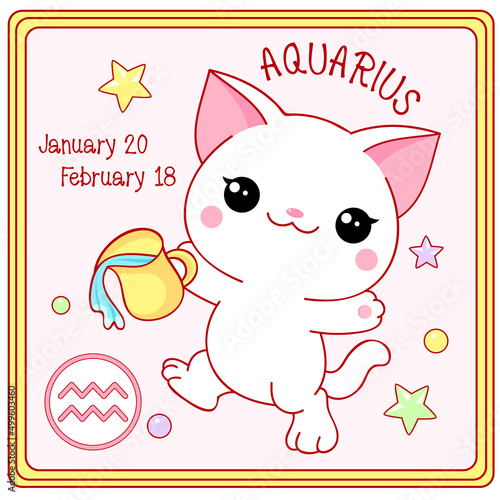 Zodiac Aquarius sign character in kawaii style. Square card with cute little white kitty and Zodiac symbol, date of birth. Cartoon baby cat and Zodiacal card. Vector illustration EPS8