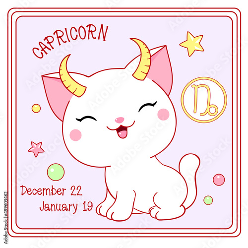 Zodiac Capricorn sign character in kawaii style. Square card with cute little white kitty and Zodiac symbol, date of birth. Cartoon baby cat and Zodiacal card. Vector illustration EPS8
