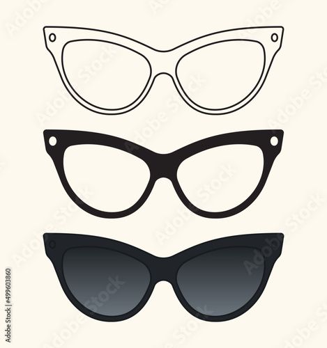 Cat eye sunglasses set in flat design, outline, silhouette, vector illustration.