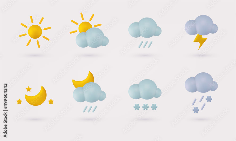 Set of 3d render meteorology icons. Weather cute realistic icon set. Set of 3d render meteorology icons. Weather cute realistic icon set.