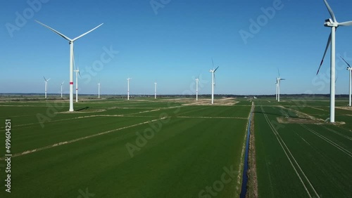 Drone video of a windfarm in Northern Germany at a sunny day