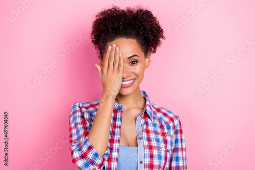 Photo of sweet brunette curly hairdo lady close face wear plaid shirt isolated on pink color background