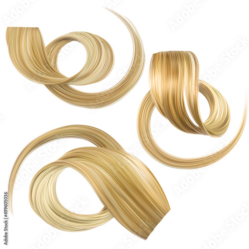 Curl of hair blond color. Straight female healthy hair. Set of vector 3d images isolated on white background.