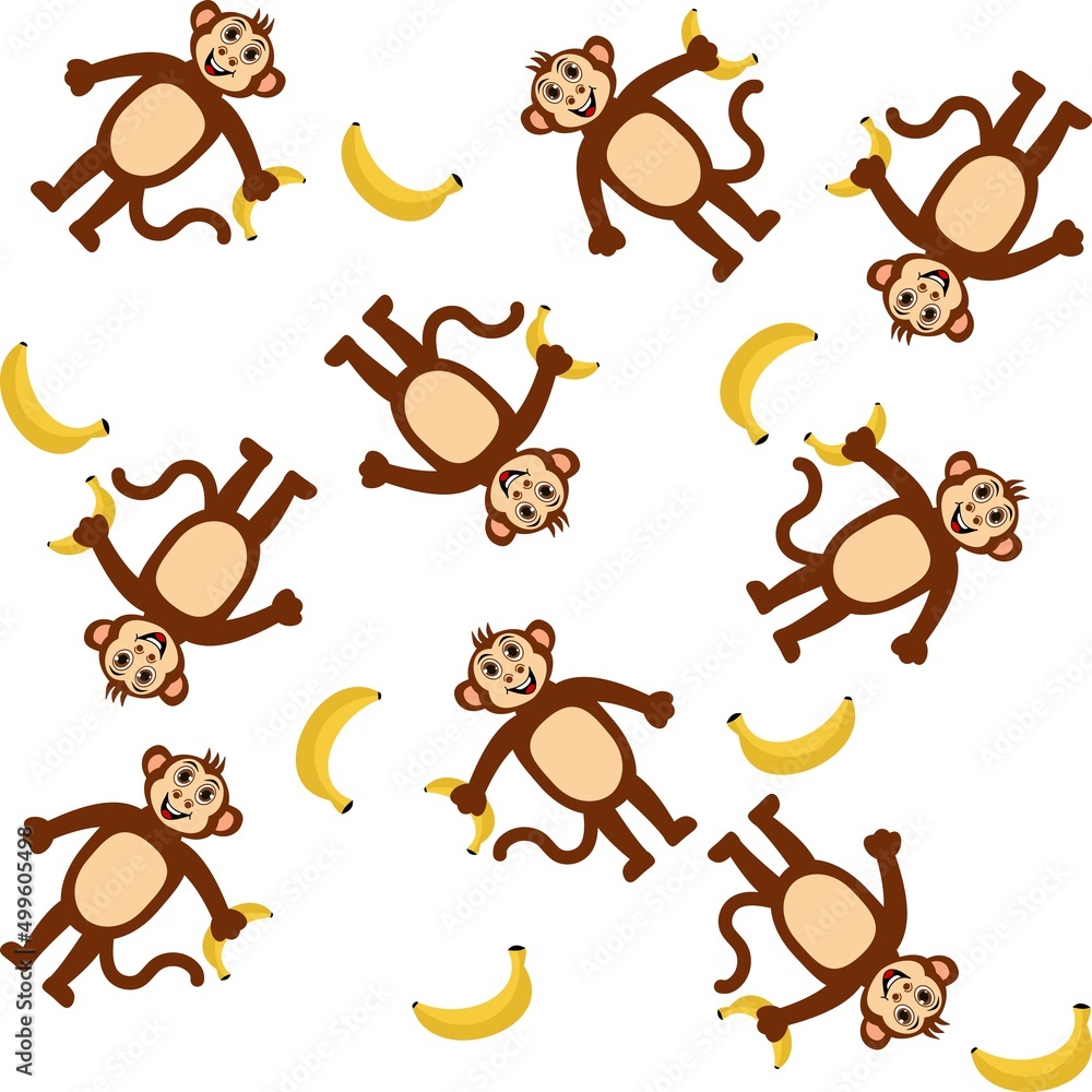 Decorative pattern with smiling monkeys holding bananas on a white background