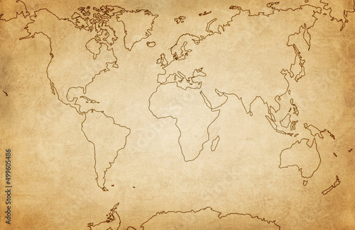 Outline world map on old paper background