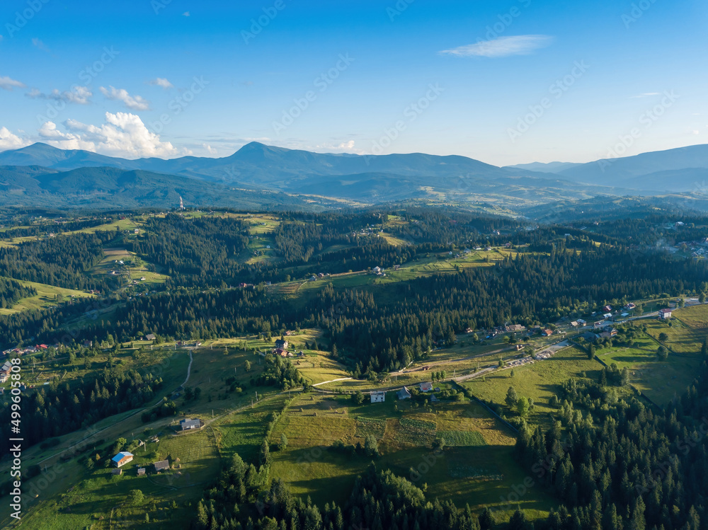 Fototapeta premium Ukrainian Carpathians mountains in summer. Aerial drone view.