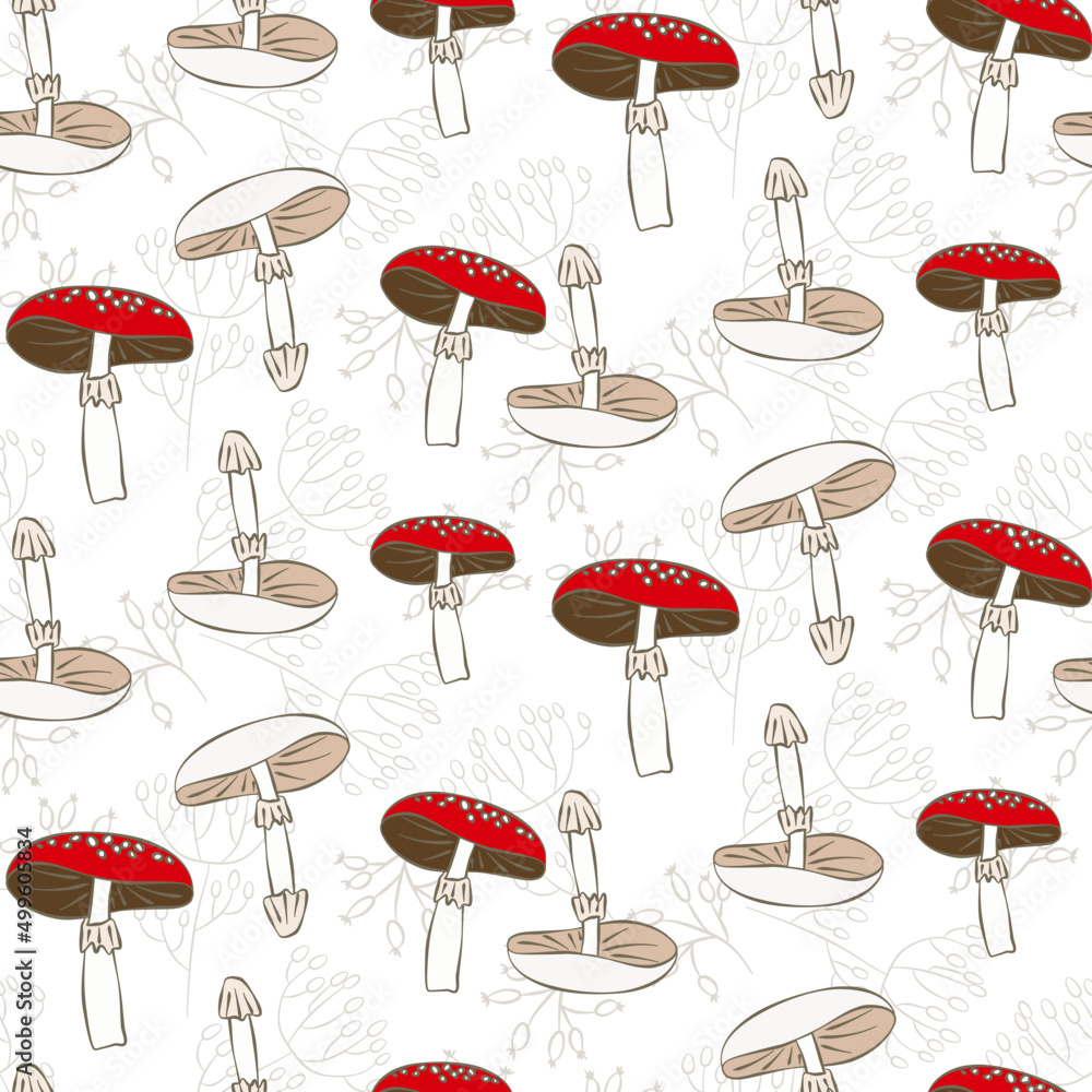 Vector seamless half-drop pattern, with mushrooms Vector seamless half-drop pattern, with mushrooms
