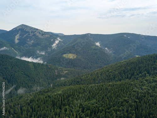 Green mountains of Ukrainian Carpathians in summer. Aerial drone view.