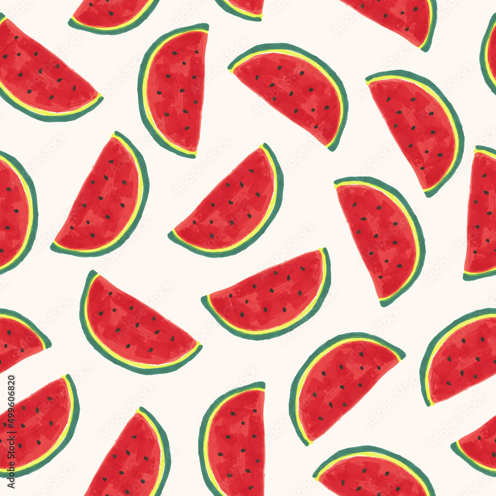 Watermelon slice seamless pattern. Hand drawn vector illustration watercolor splashes, isolated background. Vegetarian eco food product, organic, vegan nutrition. For menu cover design, print, poster. Watermelon slice seamless pattern. Hand drawn vector illustration watercolor splashes, isolated background. Vegetarian eco food product, organic, vegan nutrition. For menu cover design, print, poster.