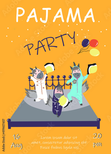 Pajama party invitation vector template, three unicorns in pajamas frolic on a big bed, pillow fight, balloons, children's birthday party.