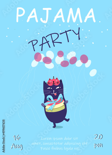 Pajama party invitation vector template, many balloons, cat with a cake and a sleep mask, children's birthday.