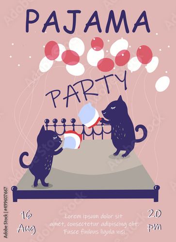 Pajama party invitation vector template, two cats frolic on a big bed, pillow fight, balloons, children's birthday.