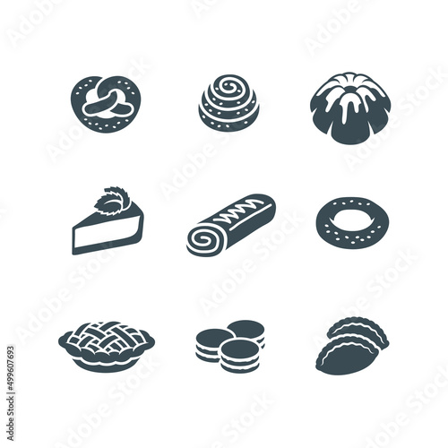 Sweet dessert food icons. Different pastry items pictograms. Simple monochrome silhouette of apple pie, bundt cake, cinnamon bun, pretzel, cheesecake, bagel, macarons, stuffed roll and dumpling