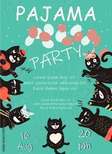Vector invitation template for a pajama party  many cats peeking out  guitar  heart  sleep masks  children s birthday.