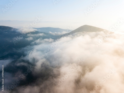 Morning fog in the Ukrainian Carpathians. Aerial drone view.