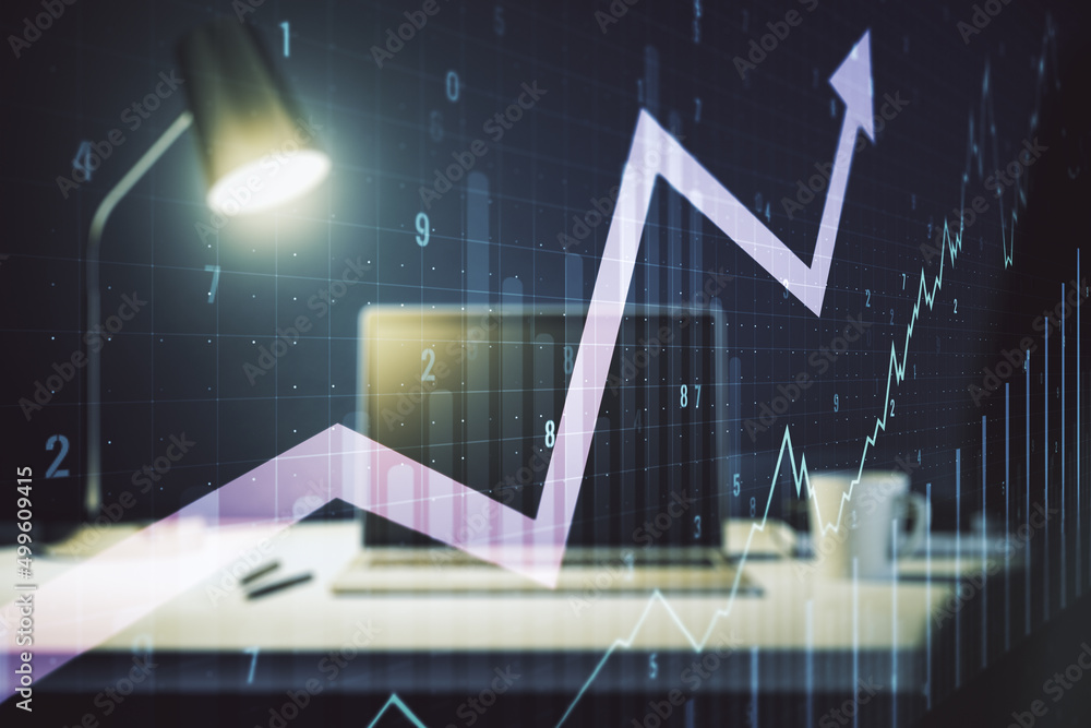 Double exposure of abstract creative financial chart with upward arrow on laptop background, research and strategy concept Double exposure of abstract creative financial chart with upward arrow on laptop background, research and strategy concept
