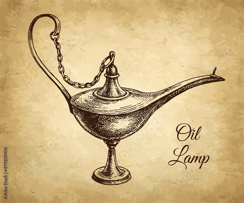 Oriental oil lamp etching illustration.