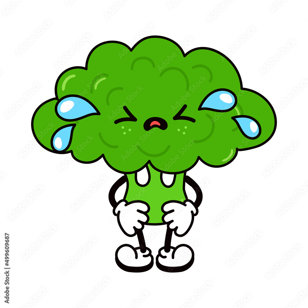 Cute funny crying sad broccoli character. Vector hand drawn traditional cartoon vintage, retro, kawaii character illustration icon. Isolated on white background. Cry broccoli character concept Cute funny crying sad broccoli character. Vector hand drawn traditional cartoon vintage, retro, kawaii character illustration icon. Isolated on white background. Cry broccoli character concept