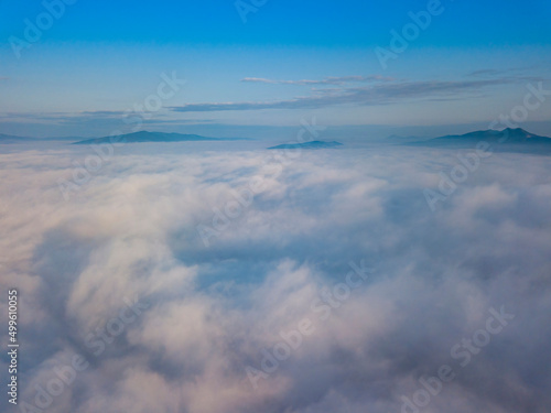 Fototapeta Naklejka Na Ścianę i Meble -  Flight over fog in Ukrainian Carpathians in summer. Mountains on the horizon. Aerial drone view.