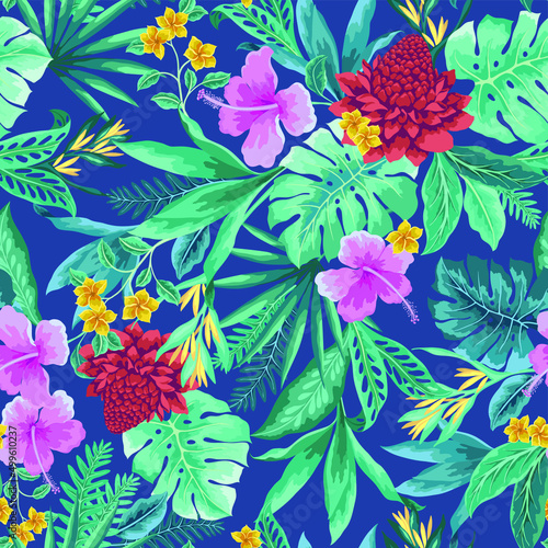 vector seamless graphical tropical pattern with leaves (monstera foliage, areca palm leaves), flowers (hibiscus, ginger, frangipani) on blue background. Multidirectional allover hawaiian design.