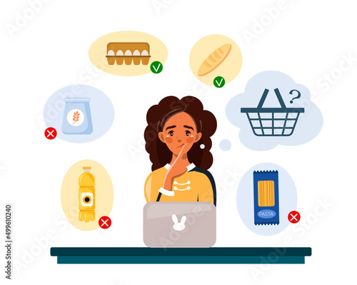 Global food shortage. An African-American woman buys food in an online store