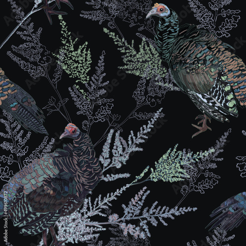 Meleagris ocellata pattern. textile seamless pattern on a black background with beautiful motley mexican turkeys.