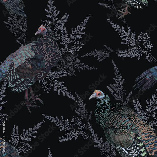 Meleagris ocellata pattern. textile seamless pattern on a black background with beautiful motley mexican turkeys.